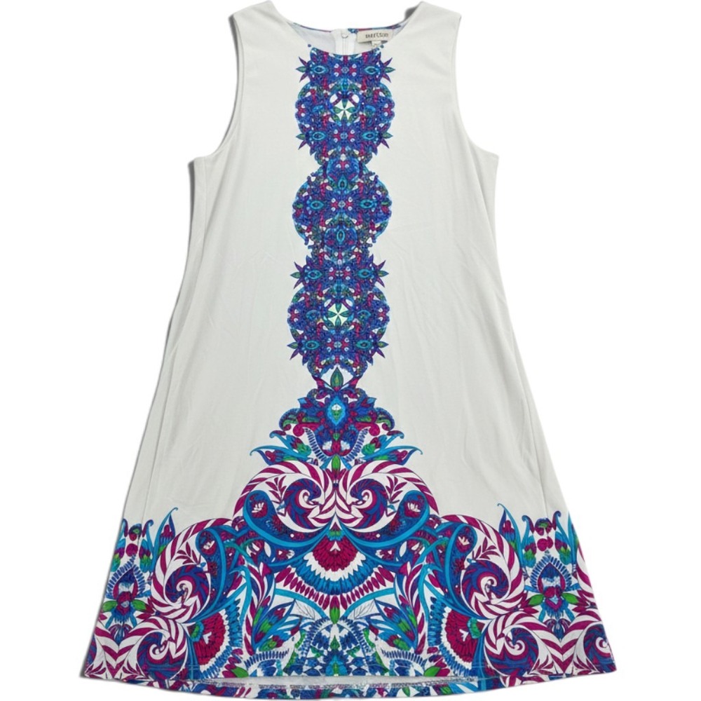 Jude Connally Dress Womens M Sleeveless Shift White Blue Medallion EUC